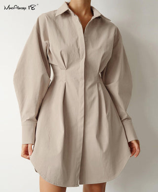 Mnealways18 Spring Summer Bodycon Dress Women Khaki Long Sleeve Pleated Shirt Dress Office Ladies Solid Lapel Casual Mini Dresss ALODIA STORE