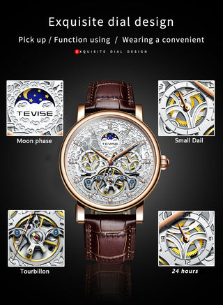 TEVISE Brand Classic Retro Men Watches Automatic Mechanical Watch Men Tourbillon Clock Genuine Leather Waterproof Business Watch ALODIA STORE