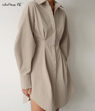 Mnealways18 Spring Summer Bodycon Dress Women Khaki Long Sleeve Pleated Shirt Dress Office Ladies Solid Lapel Casual Mini Dresss ALODIA STORE
