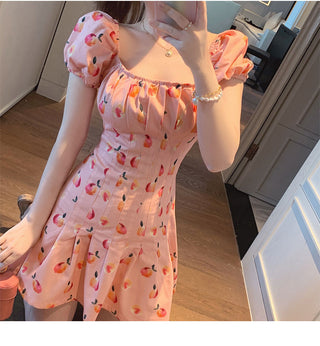Pink Elegant Kawaii Dress Women Floral Print Cherry Mini Dress Female Casual Sweet Japan Korean Style Summer Dress Women 2020 ALODIA STORE