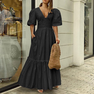 Summer Puff Shoulder Sexy Party Dress Spring Solid Button Long Shirt Dress Women Elegant Turn-down Collar Office Lady Maxi Dress ALODIA STORE