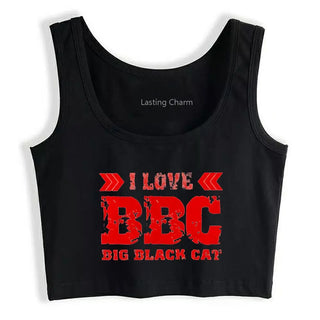 I Love Big Black Cat Graphical Sexy CropTop Adult Humor Fun Flirty Print Tank Tops Hotwife Yoga Sports Fitness Camisole ALODIA STORE