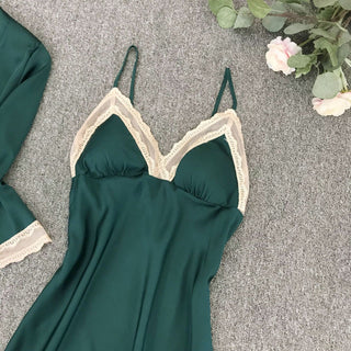 Satin Robe Set Sexy Female Sleepwear Summer Kimono Bathrobe Lace Trim Bride Bridesmaid Dressing Gown Casual Nightgown ALODIA STORE