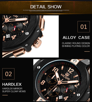 MEGIR Brand Men Watch Quartz Watch Gold Rubber Band 3ATM Water Resistant Chronograph Mens Quartz Wrist Watch ALODIA STORE