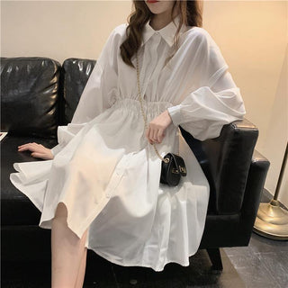 QWEEK Shirt Dress Women Korean Style Polo Collar Black ALODIA STORE