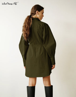 Mnealways18 Spring Summer Bodycon Dress Women Khaki Long Sleeve Pleated Shirt Dress Office Ladies Solid Lapel Casual Mini Dresss ALODIA STORE