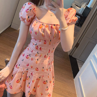 Pink Elegant Kawaii Dress Women Floral Print Cherry Mini Dress Female Casual Sweet Japan Korean Style Summer Dress Women 2020 ALODIA STORE