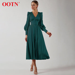 OOTN White Single Breasted Elegant Dress For Women Party Robe High Waist Satin Long Dress Chic Midi Dresses Lantern Sleeve ALODIA STORE