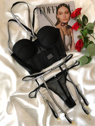 Echonight Sequin Lingerie Set Sexy Push up Women's Underwear Set Lace Bra 3 Piece Set Padded Bra and Thong Lingerie Dropshipping ALODIA STORE