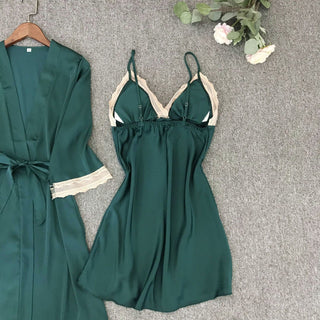 Satin Robe Set Sexy Female Sleepwear Summer Kimono Bathrobe Lace Trim Bride Bridesmaid Dressing Gown Casual Nightgown ALODIA STORE