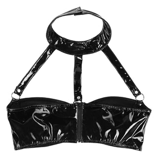 MSemis Women Pole Dance Crop Top Wet Look Patent Leather Lingerie Halter Neck Strappy Harness Backless Wire-free Bustier Bra Top ALODIA STORE