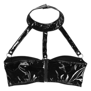 MSemis Women Pole Dance Crop Top Wet Look Patent Leather Lingerie Halter Neck Strappy Harness Backless Wire-free Bustier Bra Top ALODIA STORE