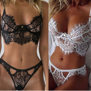 Sexy Black White Trim Lace Unlined lingerie Set Hot Women V Neck Sleeveless Wireless Bralettes and Briefs Intimate Lingerie Sets ALODIA STORE