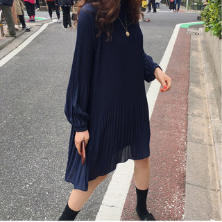LANMREM 2023 New Korean Summer Fashion Women Clothes Vacation Dresses Lantern Sleeves Pullover Loose Chiffon Dress Pleated WG686 ALODIA STORE