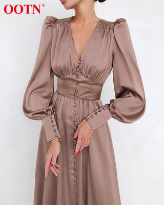 OOTN White Single Breasted Elegant Dress For Women Party Robe High Waist Satin Long Dress Chic Midi Dresses Lantern Sleeve ALODIA STORE