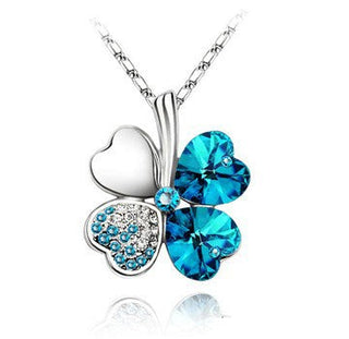 Fashion Jewelry Silver Color Austrian Crystal Necklace Four Leaf Leaves Clover Heart Rhinestones Pendant Necklace Jewelry ALODIA STORE