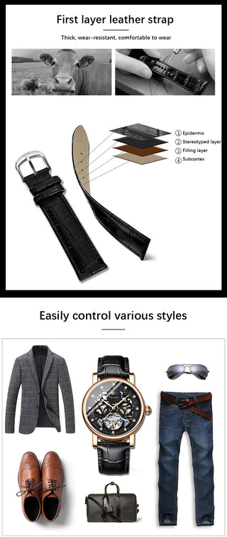 TEVISE Brand Classic Retro Men Watches Automatic Mechanical Watch Men Tourbillon Clock Genuine Leather Waterproof Business Watch ALODIA STORE