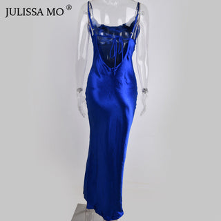 JULISSA MO Sexy Spaghetti Strap Backless Summer Dress Women Satin Lace Up Trumpet Long Dress Elegant Bodycon Party Dresses 2023 ALODIA STORE