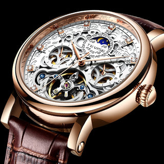 TEVISE Brand Classic Retro Men Watches Automatic Mechanical Watch Men Tourbillon Clock Genuine Leather Waterproof Business Watch ALODIA STORE