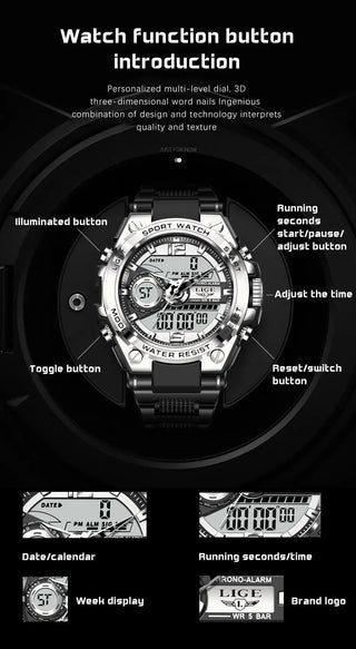 Relogio Masculino 2022 LIGE Sport Men Quartz Digital Watch Creative Diving Watches Men Waterproof Alarm Watch Dual Display Clock ALODIA STORE
