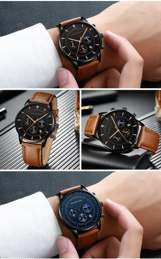 GOLDENHOUR Men's Watch Top Brand Luxury Fashion Quartz Watch Men Leather Waterproof Sports Wrist Watch Male Relogio Masculino ALODIA STORE