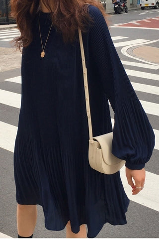 LANMREM 2023 New Korean Summer Fashion Women Clothes Vacation Dresses Lantern Sleeves Pullover Loose Chiffon Dress Pleated WG686 ALODIA STORE