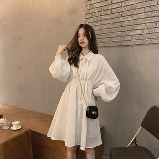 QWEEK Shirt Dress Women Korean Style Polo Collar Black ALODIA STORE