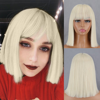 Green Short Bob Wig With Bangs for Women Shoulder Length Synthetic Wigs Cosplay Party Daily Lolita Natural Hair Black Pink Red ALODIA STORE