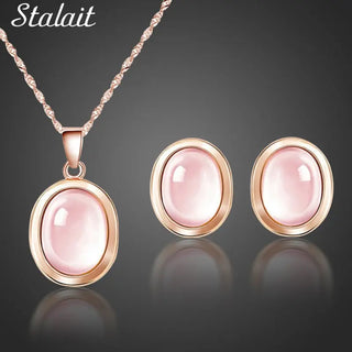 High Quality Natural Stones QUARTZ Clavicle Chain Necklace Pink Stone Earrings Wholesale necklace Jewelry Set For grandma Mum ALODIA STORE