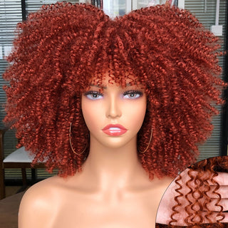 Short Afro Kinky Curly Wig With Bangs For Black Women Cosplay Lolita Natural Hair Ombre Mixed Brown Synthetic African Wigs ALODIA STORE