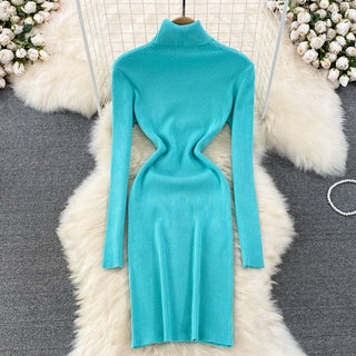 Elegant Turtleneck Long Sleeve Knit Bodycon Pencil Dress Slim Basic Fashion Sweater Vestido Sexy Women Autumn Winter Clothing ALODIA STORE