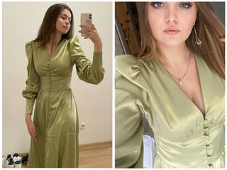 OOTN White Single Breasted Elegant Dress For Women Party Robe High Waist Satin Long Dress Chic Midi Dresses Lantern Sleeve ALODIA STORE