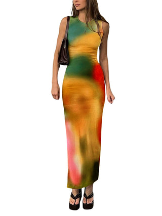 Sleeveless Backless Maxi Dress Women Summer Bodycon Elegant Sexy Tie Dye Outfits Ladies Birthday Party Club Sundress ALODIA STORE