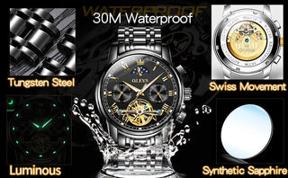 OLEVS Men Watch Automatic Mechanical Watch Stianless Top Brand Luxury Moon phase SkeletonTourbillon Wristwatch Reloj hombres ALODIA STORE