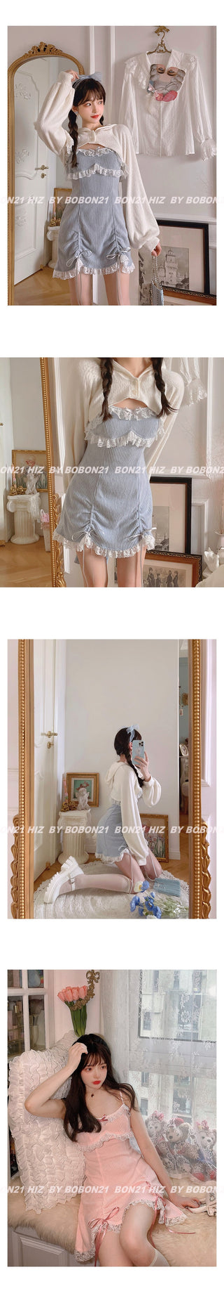 Japanese Kawaill Lolita Dress Women Bow Pink Party Mini Fashion 2 Piece Dress Set 2023 Summer ALODIA STORE
