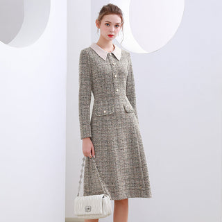 EVNISI Women 2023 Winter Grey Dress Tweed Dress For Party A-Line Flare Sleeve Woolen Dress Holiday Vestidos Thick Outerwear ALODIA STORE