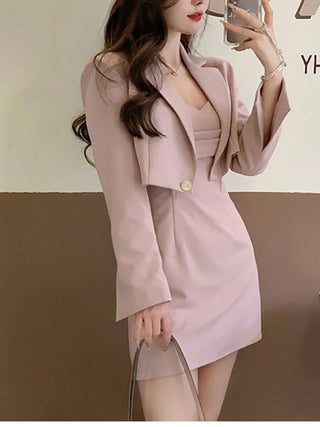 Autumn Pink Two Piece Dress Set Women Blazer Coat+Strap Dress Set Female Casual Korean Fashion ALODIA STORE
