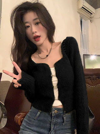 Korean Fashion Solid Slim Knitted Cardigan for Women 2023 New In Autumn Casual Sexy Sweater Cropped Top Y2k 2000s Clothes ALODIA STORE