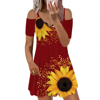 Sunflower Flower Print Women Dress Summer Loose Short Sleeve Mini Dress Short Dress A-Line ALODIA STORE