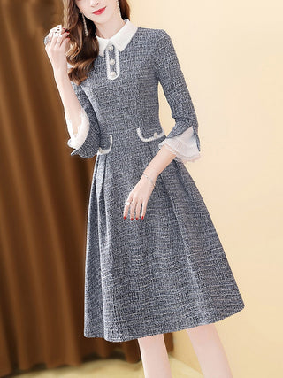 EVNISI Women 2023 Winter Grey Dress Tweed Dress For Party A-Line Flare Sleeve Woolen Dress Holiday Vestidos Thick Outerwear ALODIA STORE