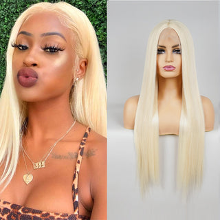 Perruque de Cosplay synthétique lisse et longue, noire ombrée, avec raie centrale naturelle, résistante à la chaleur, brune 613, pour femmes, 28 pouces ALODIA STORE