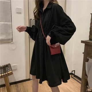 QWEEK Shirt Dress Women Korean Style Polo Collar Black ALODIA STORE