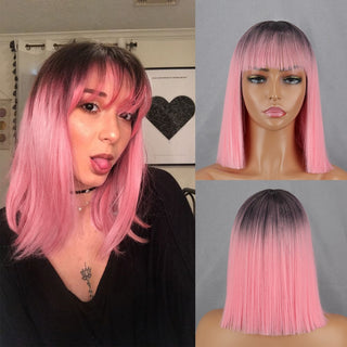 Green Short Bob Wig With Bangs for Women Shoulder Length Synthetic Wigs Cosplay Party Daily Lolita Natural Hair Black Pink Red ALODIA STORE