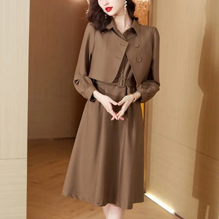 Korean Fashion Casual Two Piece Set Women Elegant Loose Vest CropTops + Long Sleeve Slim Shirt Dress Woman Femme 2 Piece Outfits ALODIA STORE