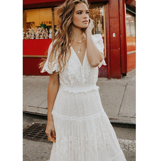 Hollow Out White Dress Sexy Women Long Lace Dress Cross Semi-Sheer Plunge V-Neck Short Sleeve Lace Maxi Dress Simple Solid ALODIA STORE
