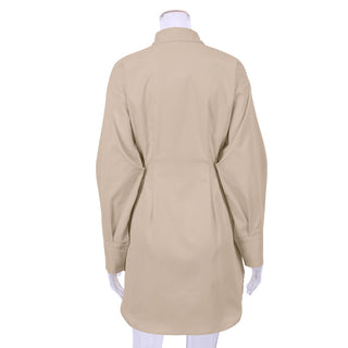 Mnealways18 Spring Summer Bodycon Dress Women Khaki Long Sleeve Pleated Shirt Dress Office Ladies Solid Lapel Casual Mini Dresss ALODIA STORE