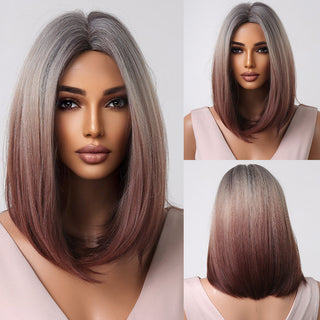 Pelucas sintéticas cortas y rectas para mujeres, cabello falso resistente al calor, Rubio a marrón, Ombre, Bob con flequillo, fiesta de Cosplay diaria ALODIA STORE