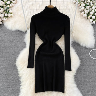 Elegant Turtleneck Long Sleeve Knit Bodycon Pencil Dress Slim Basic Fashion Sweater Vestido Sexy Women Autumn Winter Clothing ALODIA STORE