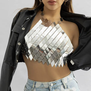 Shiny Plastic Sequins Sexy Backless Crop Tank Tops For Women y2k Hollow Out Halter Shiny Solid Silver Fashion Sequin CropTop ALODIA STORE