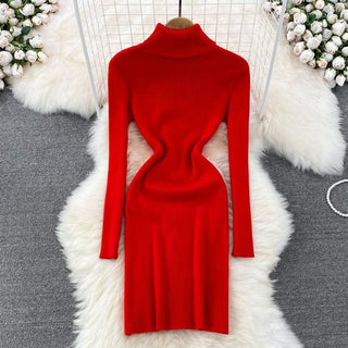 Elegant Turtleneck Long Sleeve Knit Bodycon Pencil Dress Slim Basic Fashion Sweater Vestido Sexy Women Autumn Winter Clothing ALODIA STORE